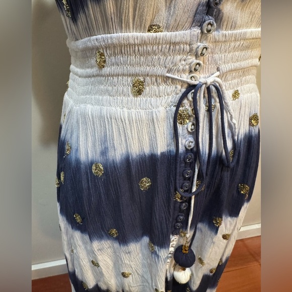 GOA‎ Paris Blue & White Asymmetric Hem V Neck Midi Dress Floaty Fairycore Sz M - Picture 8 of 14